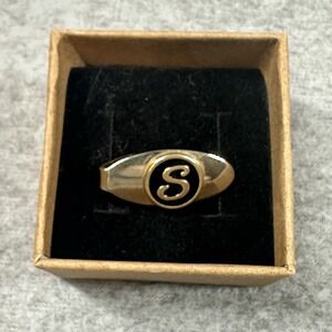 Vintage Gold-Tone Tie Clip Initial "S" Black Enamel Monogram Oval